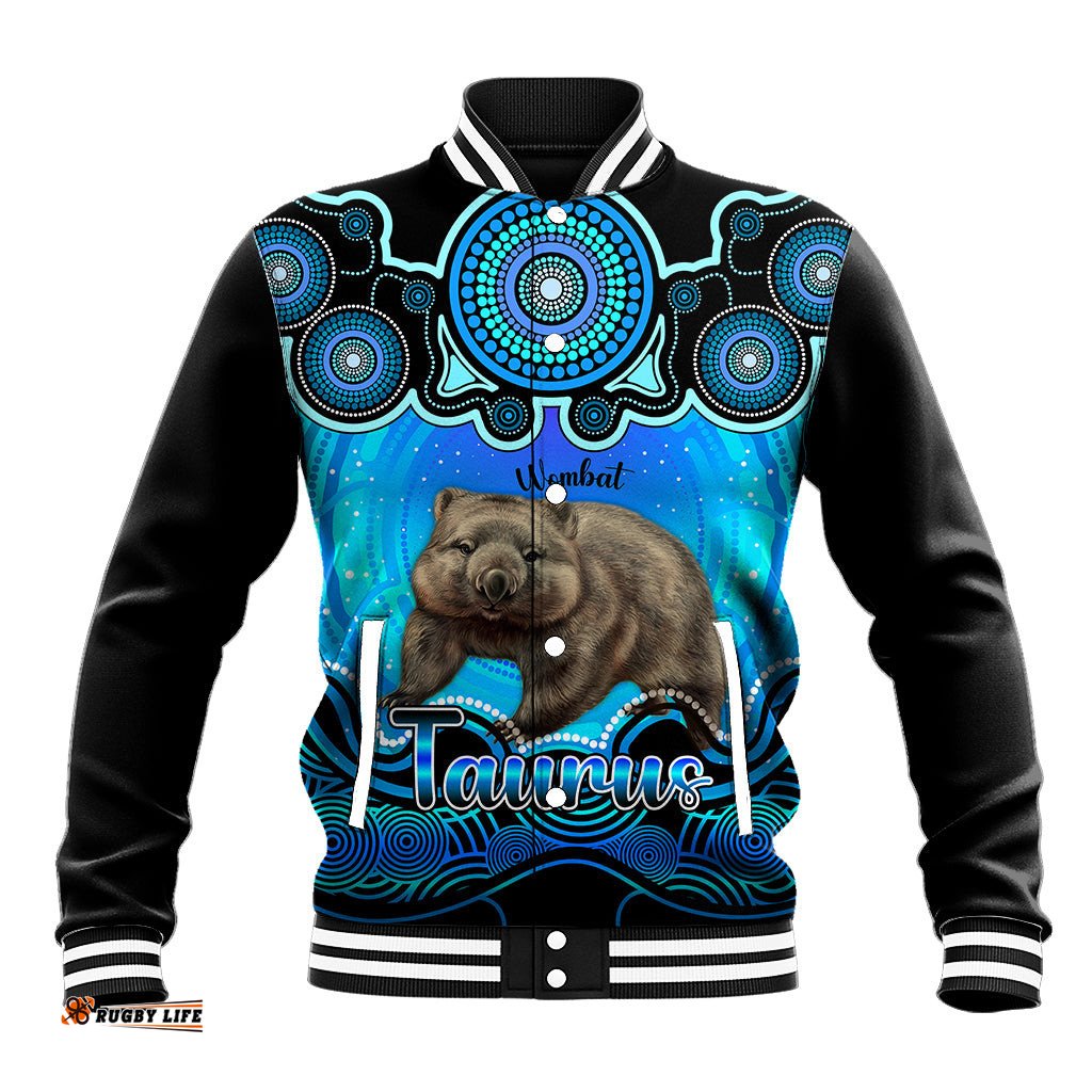 Personalised Australia Taurus Wombat Zodiac Baseball Jacket Auz Astrology Aboriginal - Aqua