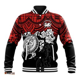 Custom Dragons Rugby Baseball Jacket Red V Hibiscus and Turtle With Polynesian Pattern