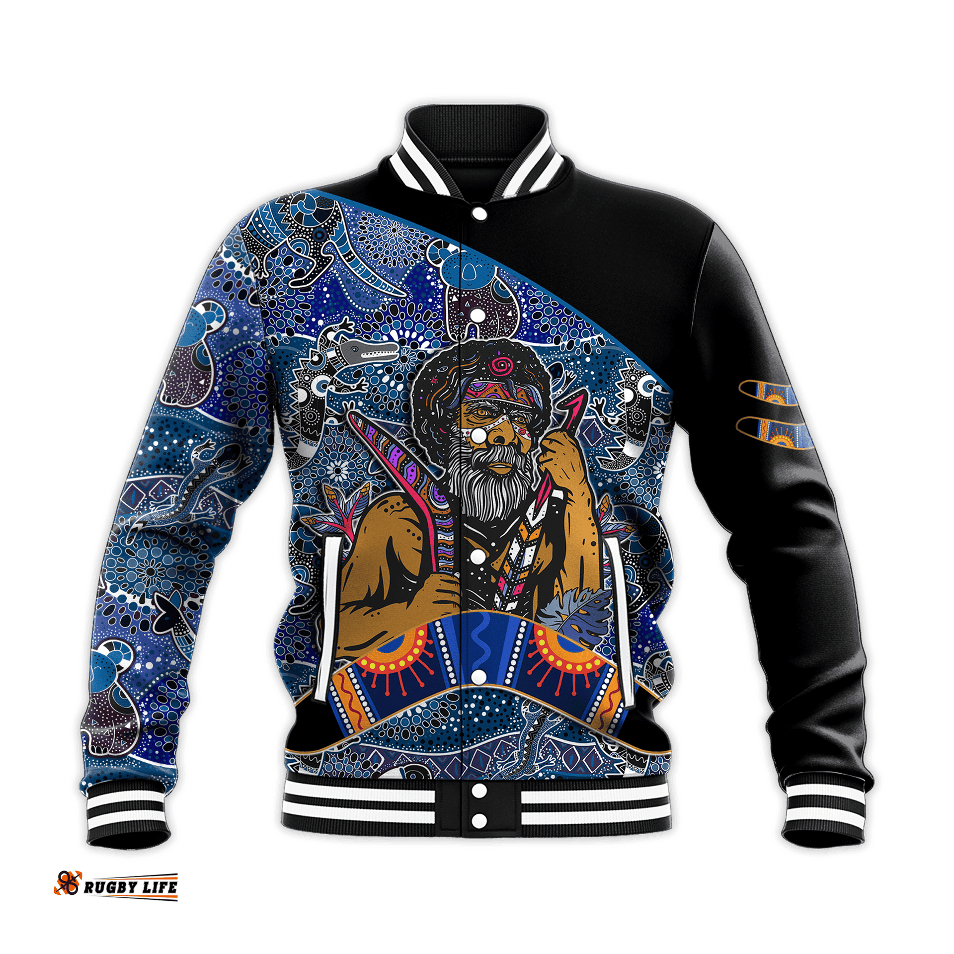 Australian Boomerang Baseball Jacket Indigenous Australia Blue Graceful