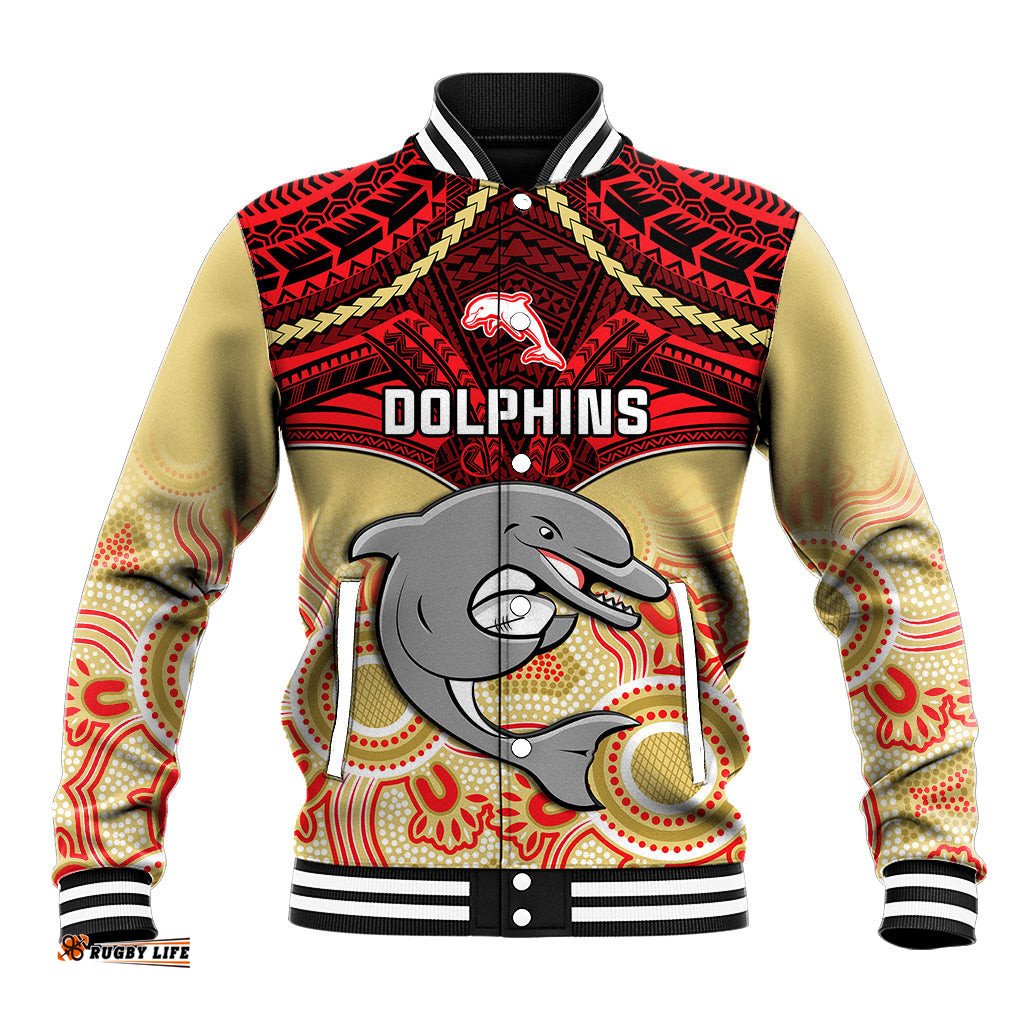 Personalised Dolphins Rugby Baseball Jacket Aboriginal Mix Polynesian Pattern