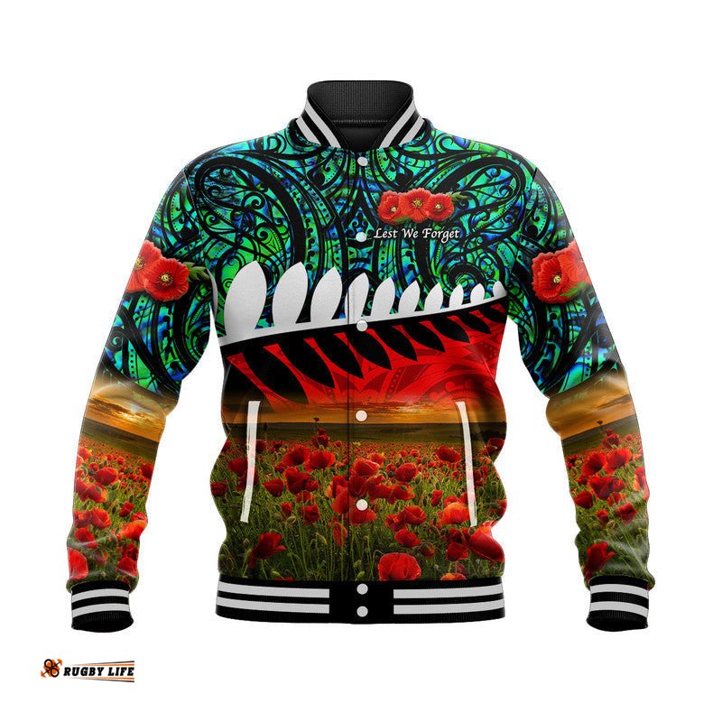New Zealand Maori ANZAC Baseball Jacket Poppy Vibes - Turquoise