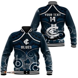 Personalised Carlton Football Baseball Jacket Blues Aboriginal Mix Polynesian Pattern