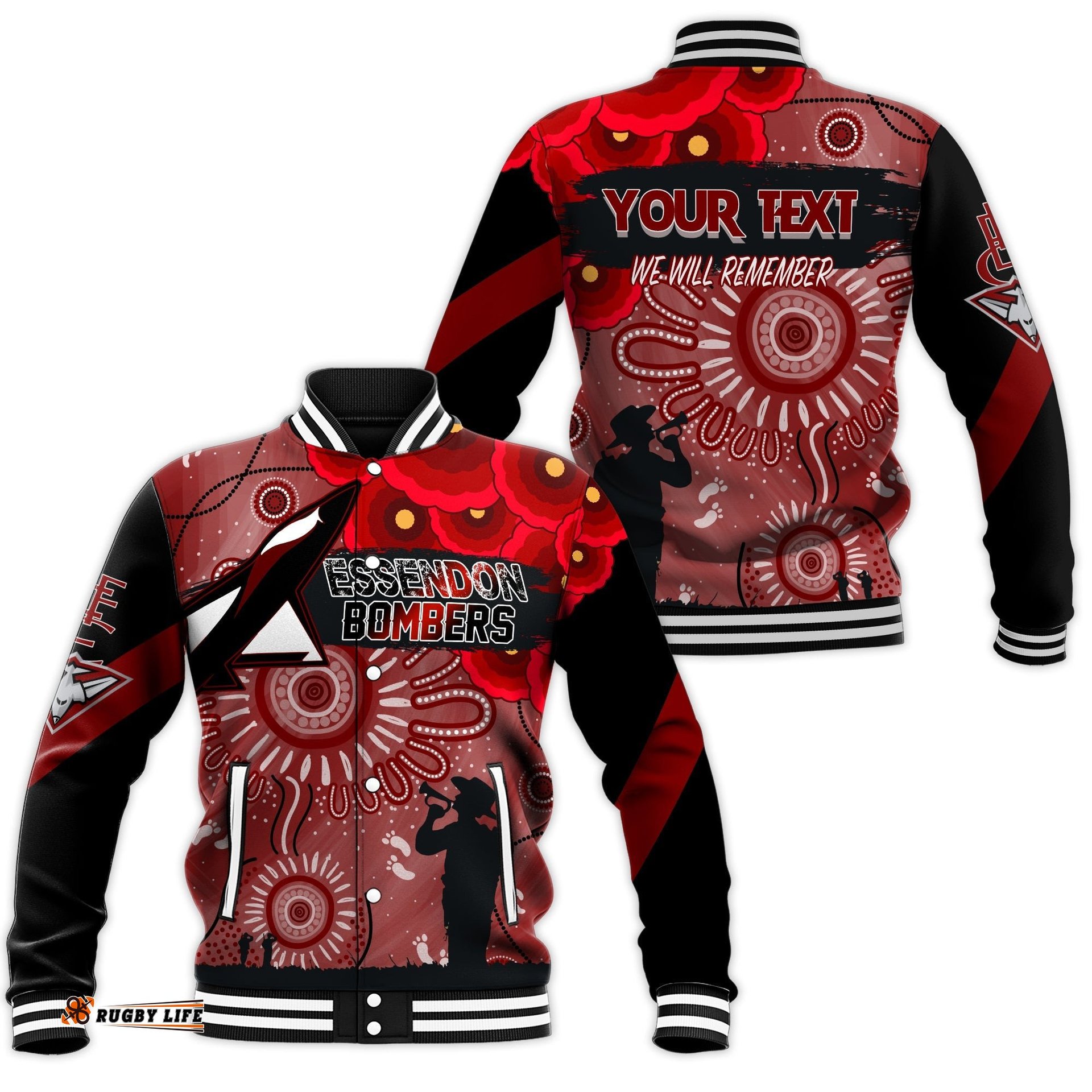 Custom Personalised Essendon Bombers Indigenous Anzac Day Baseball Jacket We Will Remember