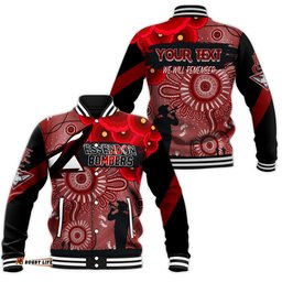Custom Personalised Essendon Bombers Indigenous Anzac Day Baseball Jacket We Will Remember