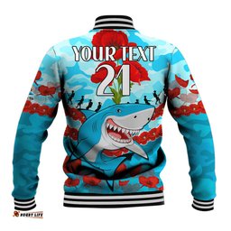 Custom Text And Number Sharks Rugby ANZAC Baseball Jacket Lest We Forget