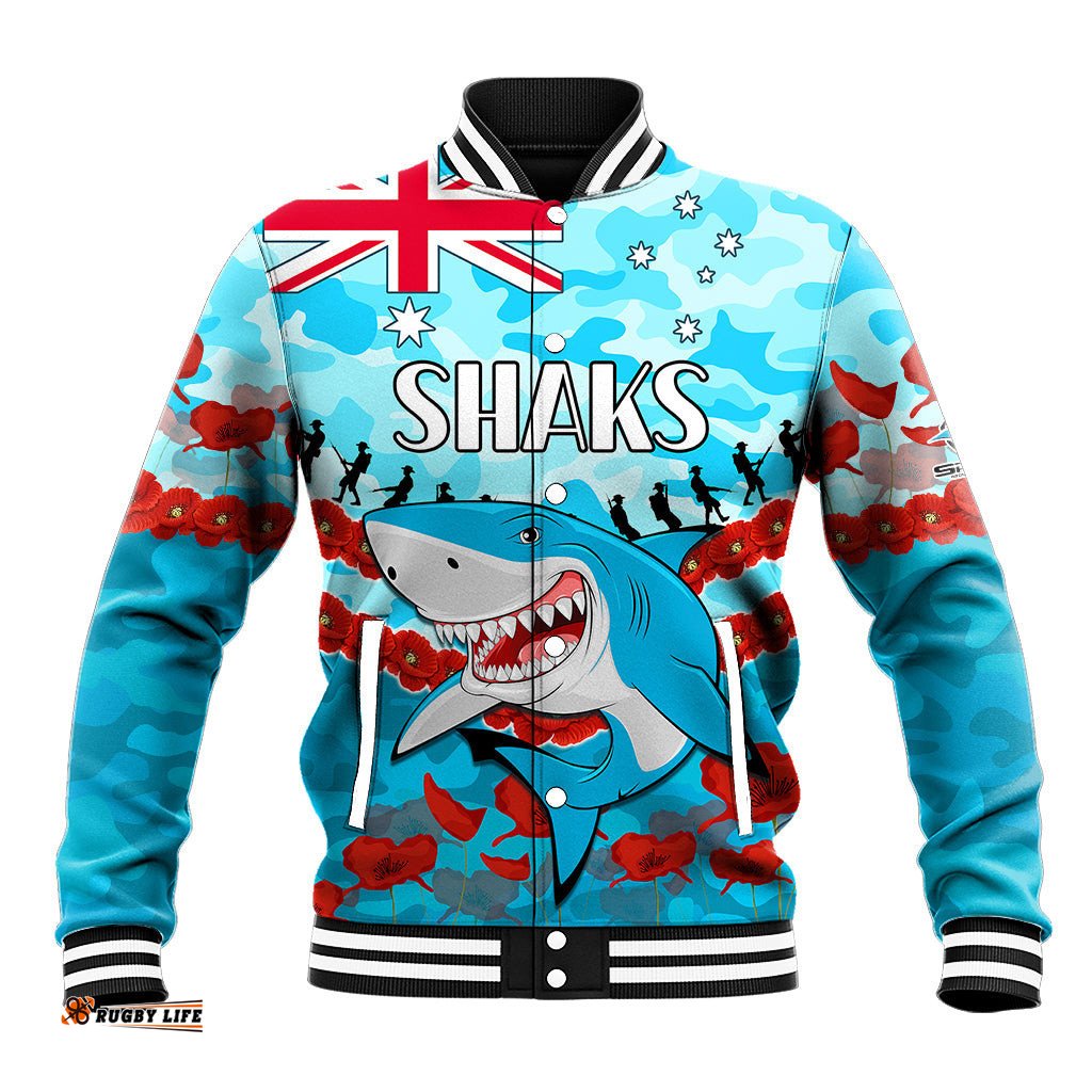 Custom Text And Number Sharks Rugby ANZAC Baseball Jacket Lest We Forget