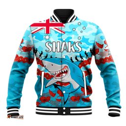Custom Text And Number Sharks Rugby ANZAC Baseball Jacket Lest We Forget