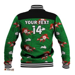 Custom Text And Number Rabbitohs Rugby Baseball Jacket Polynesian Tribal Mix Tropical Hawaiian Style