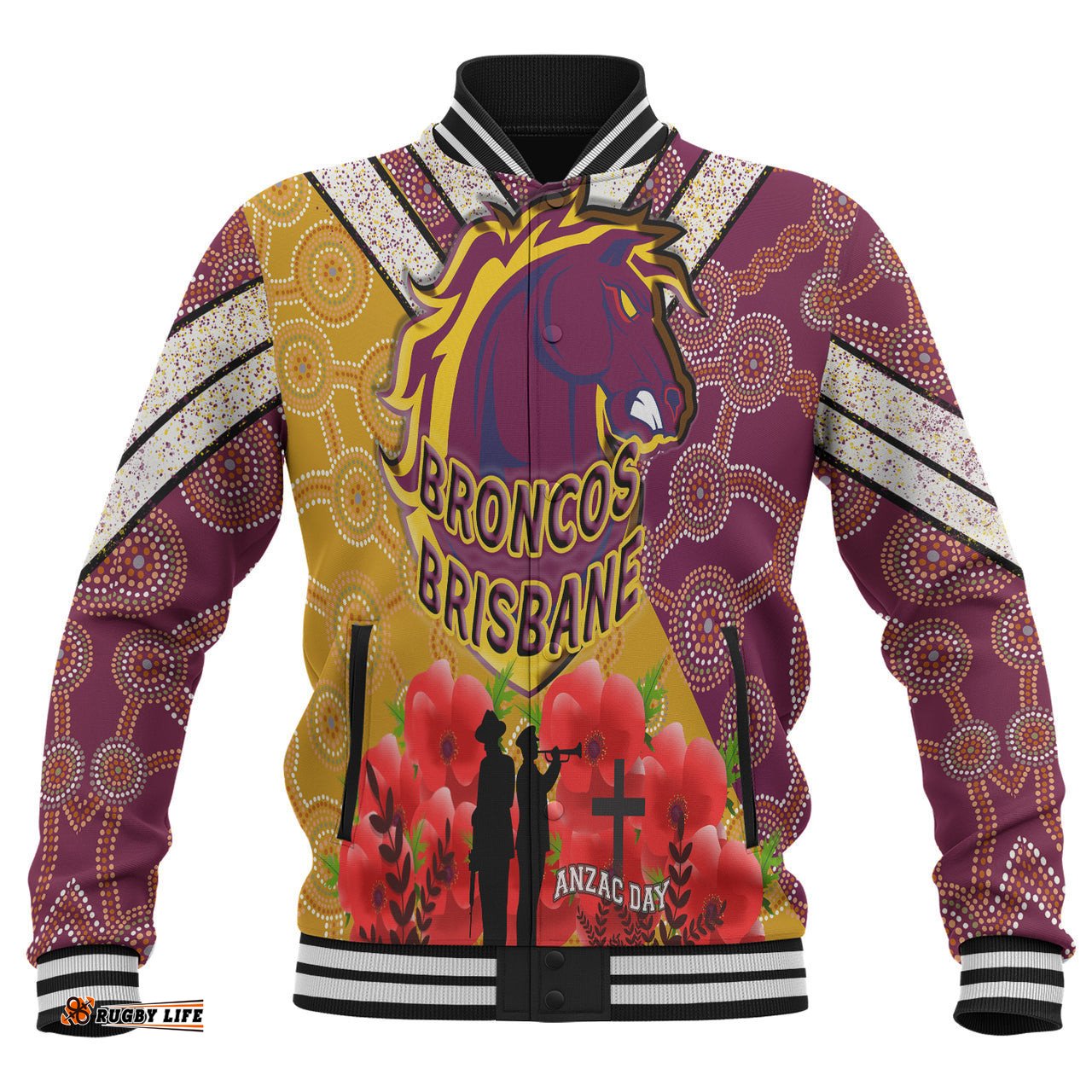 Broncos Rugby Baseball Jacket- Aboriginal And Anzac Day With Poppy Flower Patterns Baseball Jacket