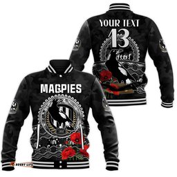 Custom Text and Number Magpies Football ANZAC Day Baseball Jacket Speical Poppy mix Aboriginal