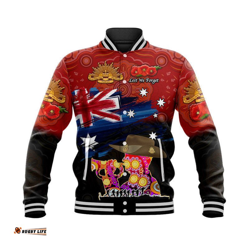Australia Aboriginal ANZAC Baseball Jacket Remembrance Vibes - Red