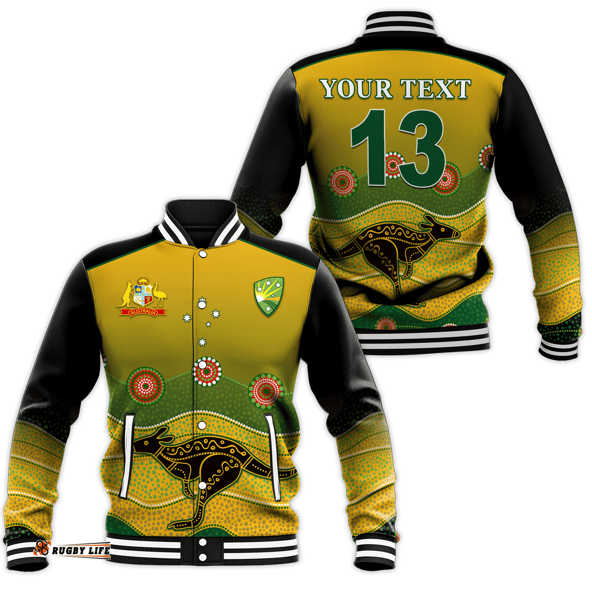 Custom Personalised Cricket Australia Baseball Jacket Indigenous Kangaroo - Custom Text and Number