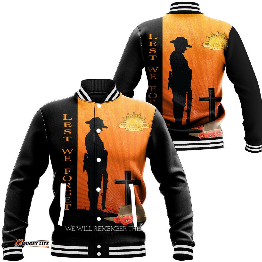 Vibe Hoodie Clothing - Anzac Day Lest We Forget Soldier Standing Guard Baseball Jacket