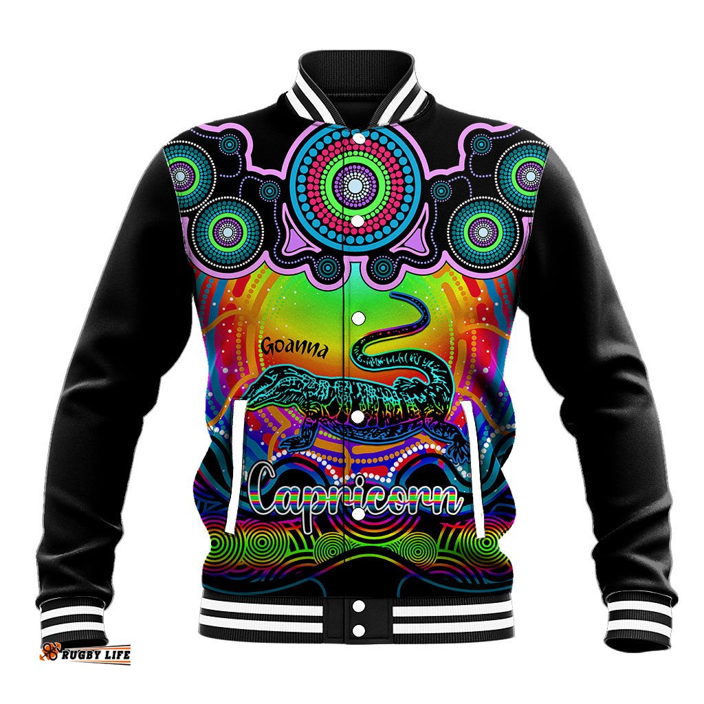 Personalised Australia Capricorn Goanna Zodiac Baseball Jacket Auz Astrology Aboriginal - Rainbow