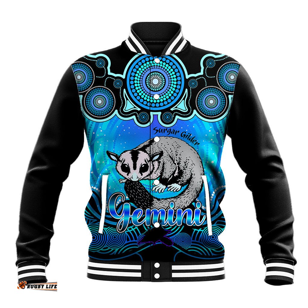 Personalised Australia Gemini Sugar Gilder Zodiac Baseball Jacket Auz Astrology Aboriginal - Aqua