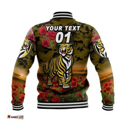 Custom Personalised Richmond Tigers ANZAC Baseball Jacket Poppy Vibes - Black
