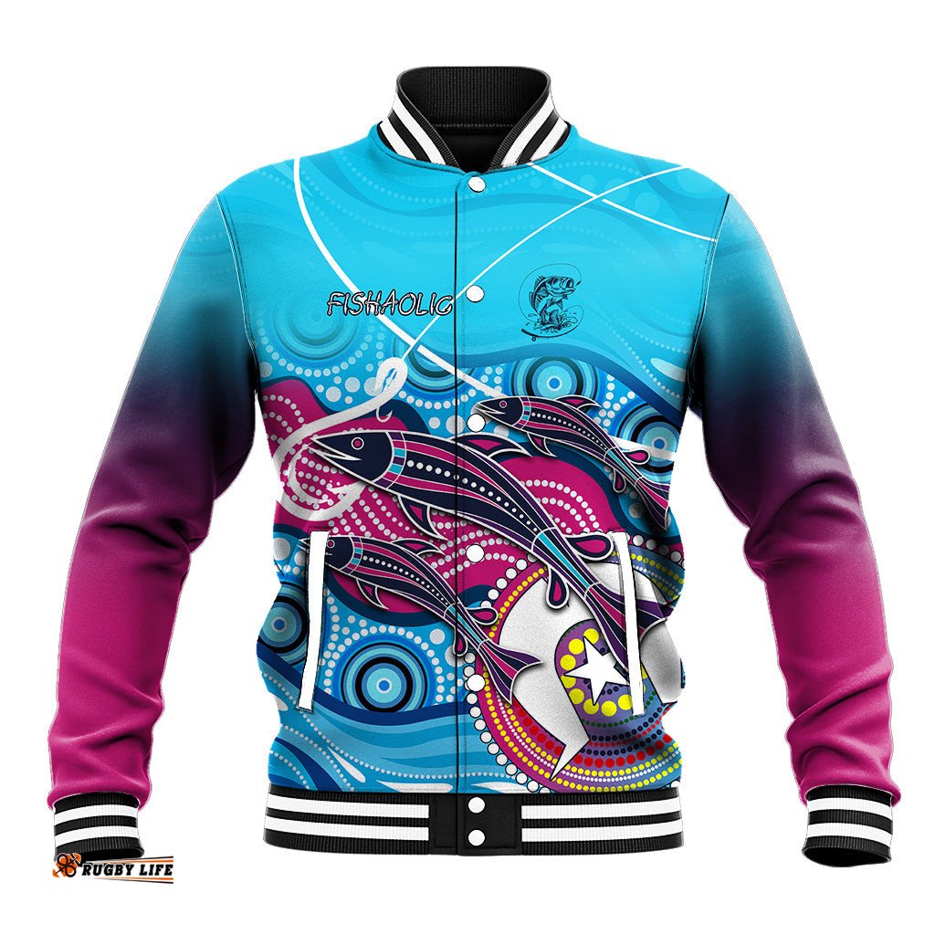 Australia Fishing Baseball Jacket Fishaholic With The Dhari Symbol And Aboriginal Pattern DT02