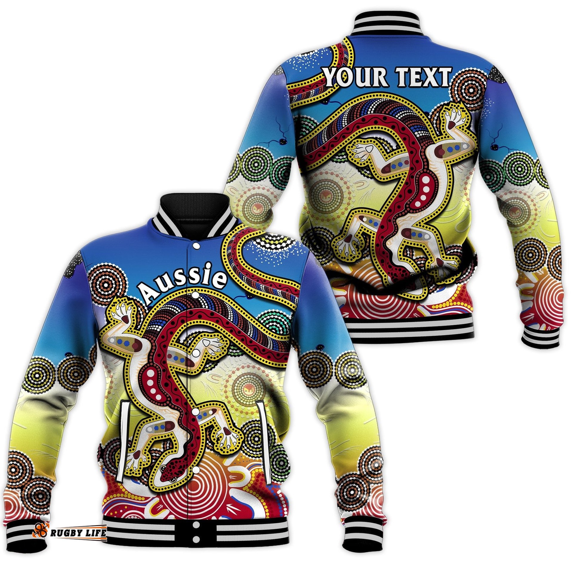 Custom Personalised Australia Baseball Jacket Indigenous Red Lizard Love Aussie Artsy