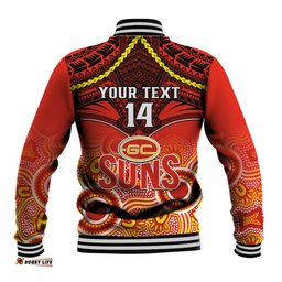 Personalised Gold Coast Football Baseball Jacket Suns Aboriginal Mix Polynesian Pattern