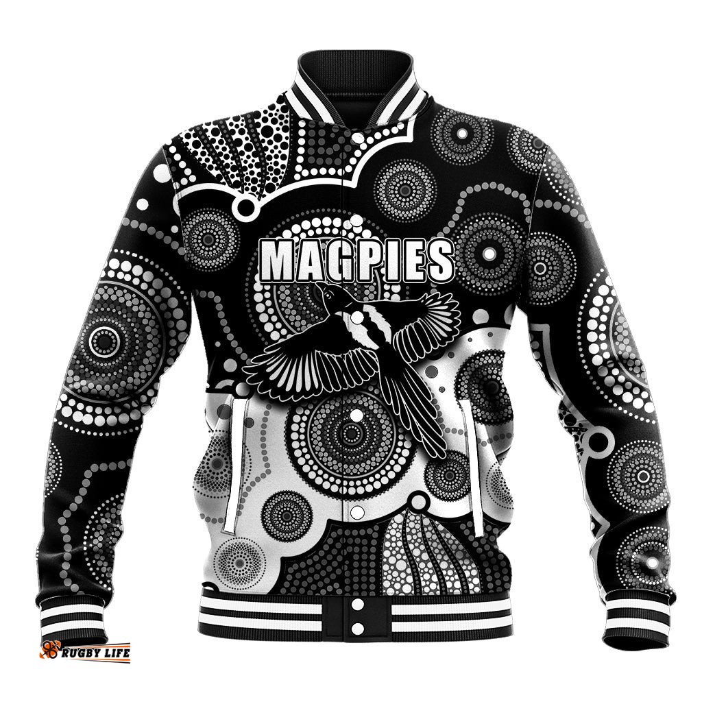 Custom Personalised And Number Magpies AFL Baseball Jacket Aboriginal Patterns