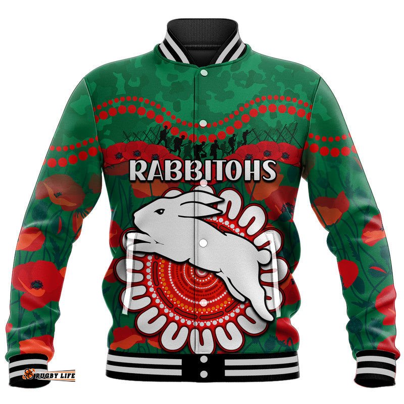 Custom Personalised Rabbitohs Rugby ANZAC Baseball Jacket Camouflage Poppy