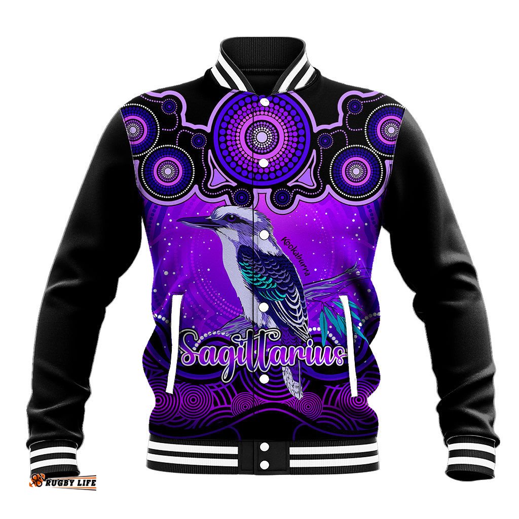 Personalised Australia Sagittarius Kookaburra Zodiac Baseball Jacket Auz Astrology Aboriginal - Purple