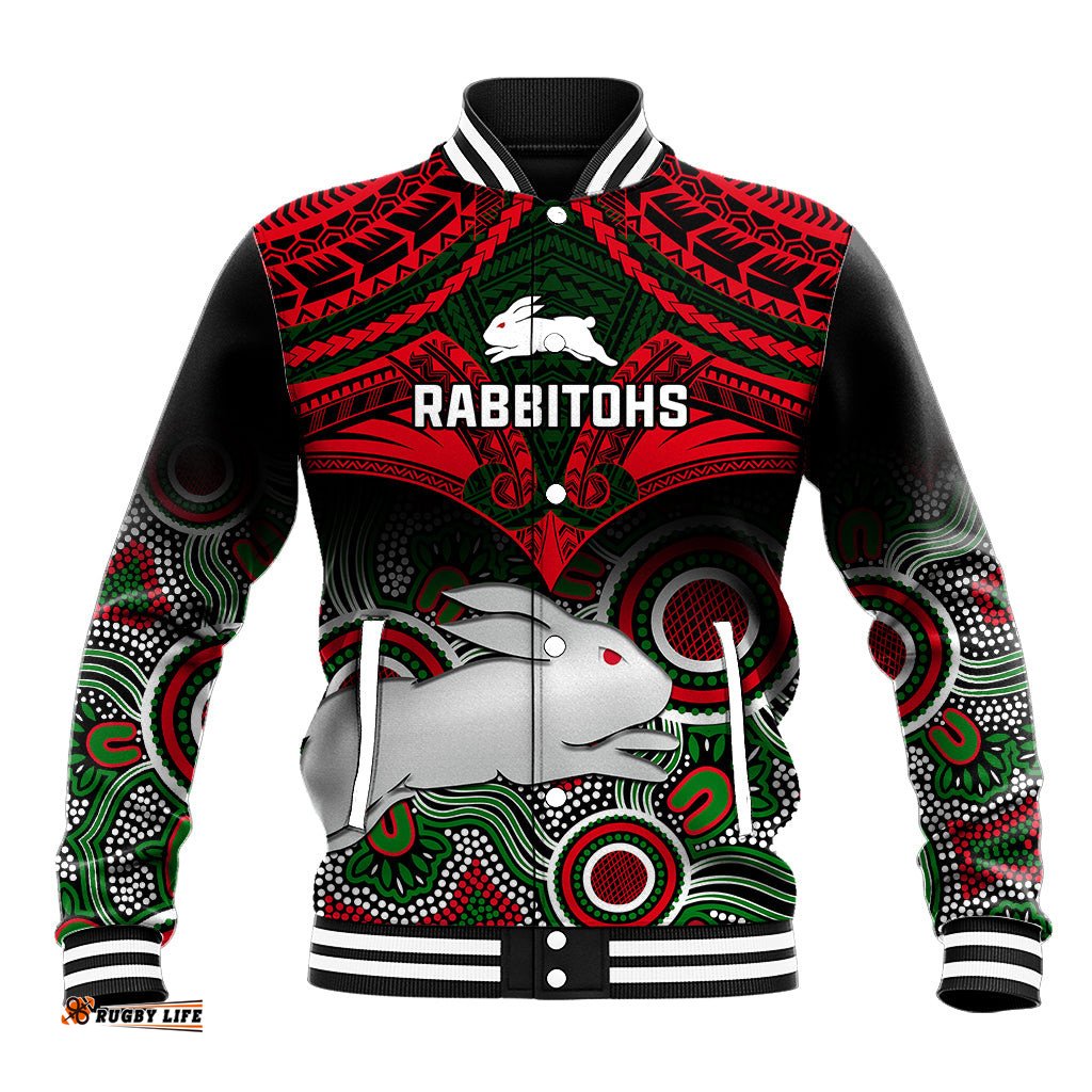 Rabbitohs Rugby Baseball Jacket Souths 1908 Aboriginal Mix Polynesian Pattern