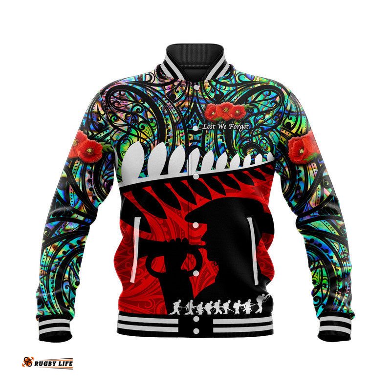 Custom Personalised New Zealand Maori ANZAC Baseball Jacket Remembrance Soldier - Paua Shell