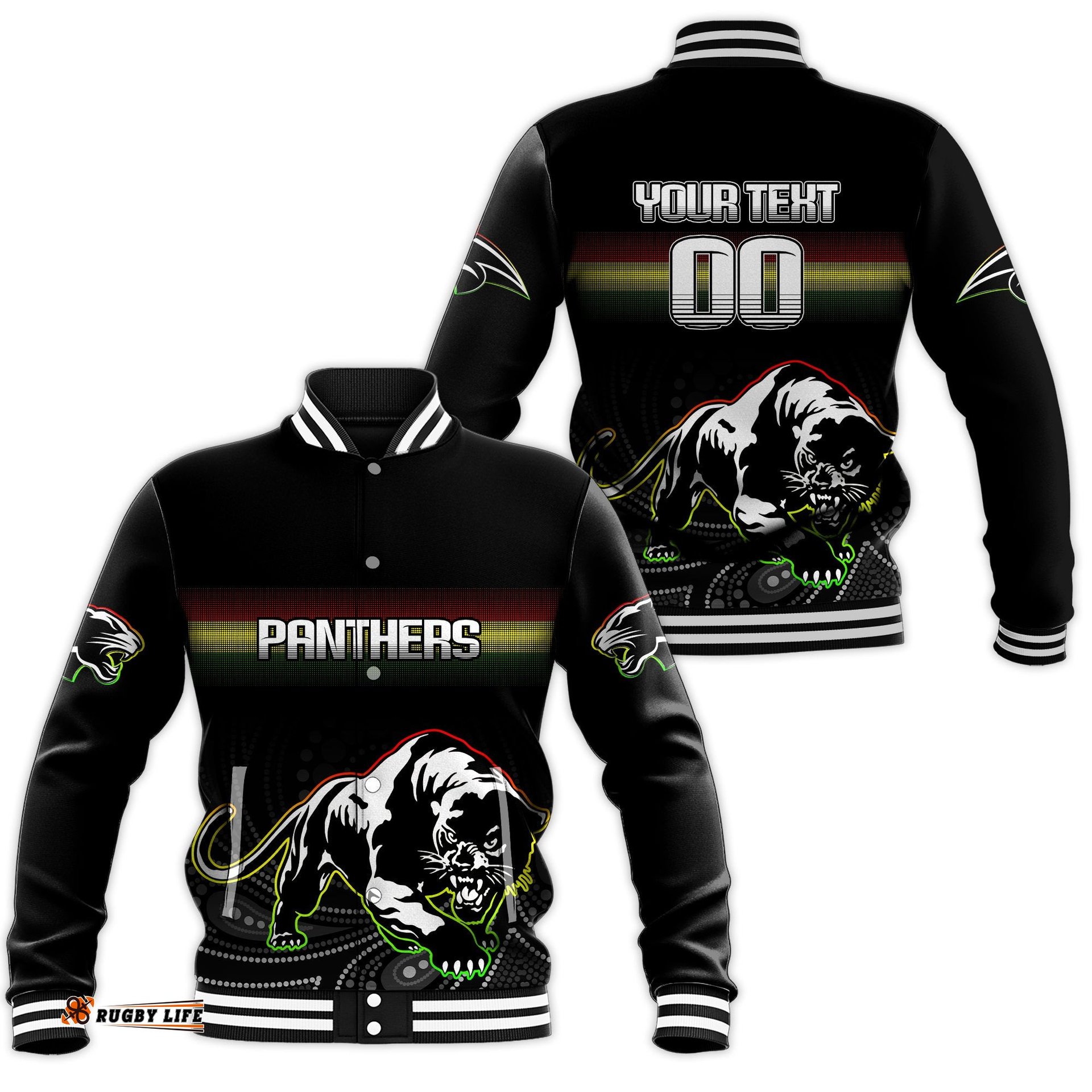 Custom Personalised Black Panthers Rugby League Aboriginal Baseball Jacket