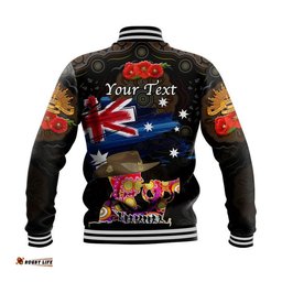 Custom Personalised Australia Aboriginal ANZAC Baseball Jacket Remembrance Vibes - Black