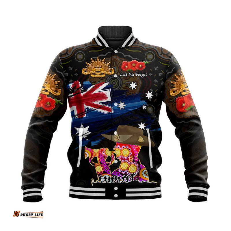 Custom Personalised Australia Aboriginal ANZAC Baseball Jacket Remembrance Vibes - Black