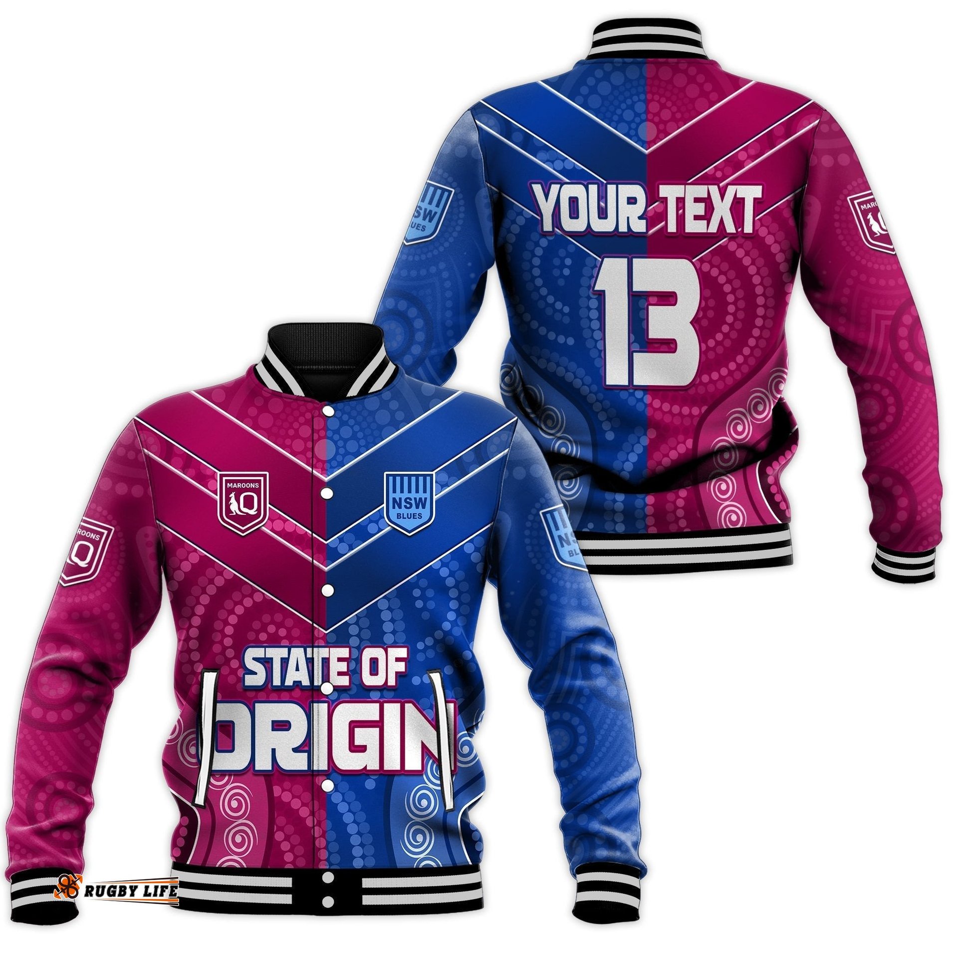 Custom Text and Number Blues and Maroons Rugby Baseball Jacket Origin NSW Combine Queensland Aboriginal Australian