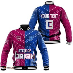 Custom Text and Number Blues and Maroons Rugby Baseball Jacket Origin NSW Combine Queensland Aboriginal Australian