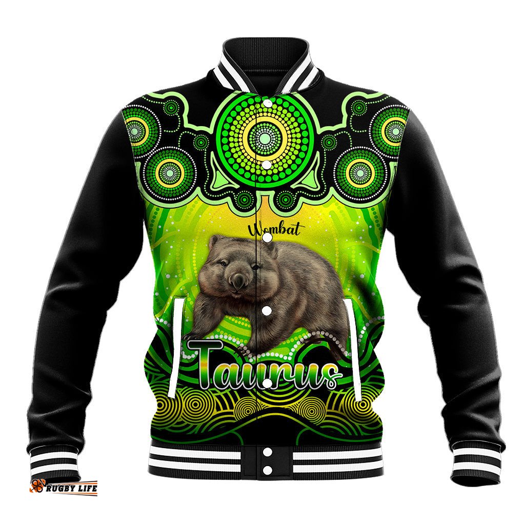 Personalised Australia Taurus Wombat Zodiac Baseball Jacket Auz Astrology Aboriginal - Green