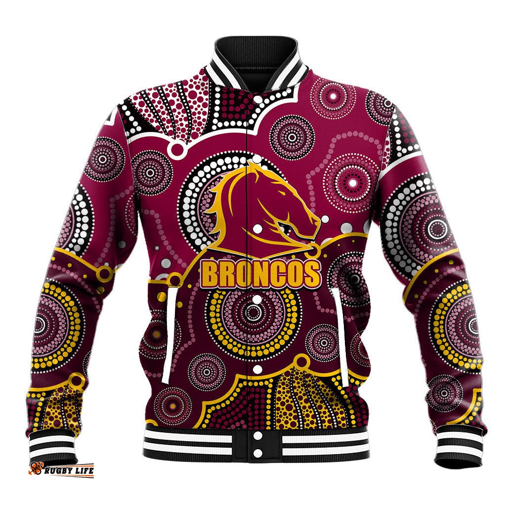 Custom Personalised And Number Broncos NRL Baseball Jacket Aboriginal Patterns