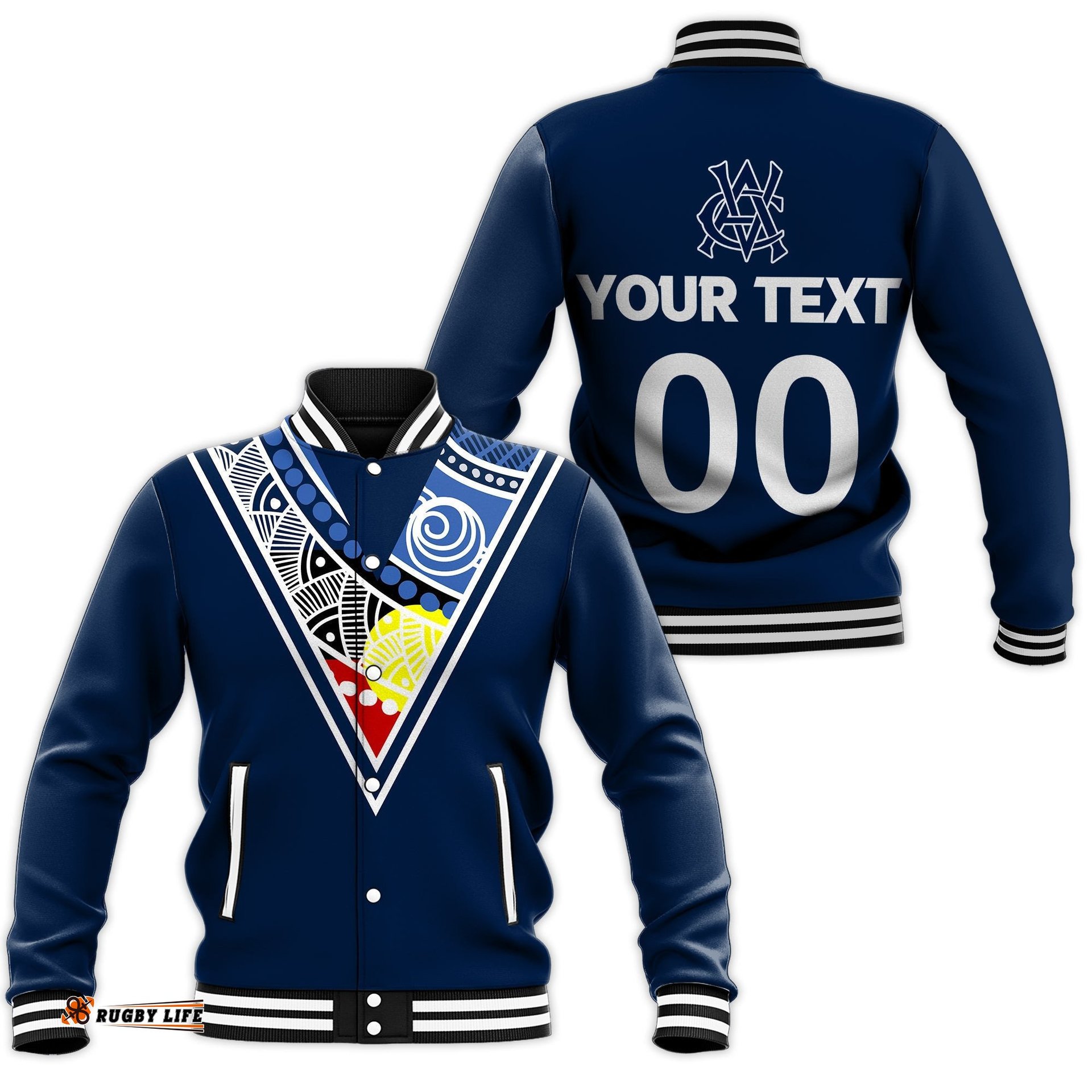 Custom Personalised Cricket Victoria Baseball Jacket - Indigenous Dot Painting Art