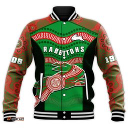 Custom Text And Number Rabbitohs Rugby Baseball Jacket Souths 1908 Aboriginal Dot Painting Go Bunnies