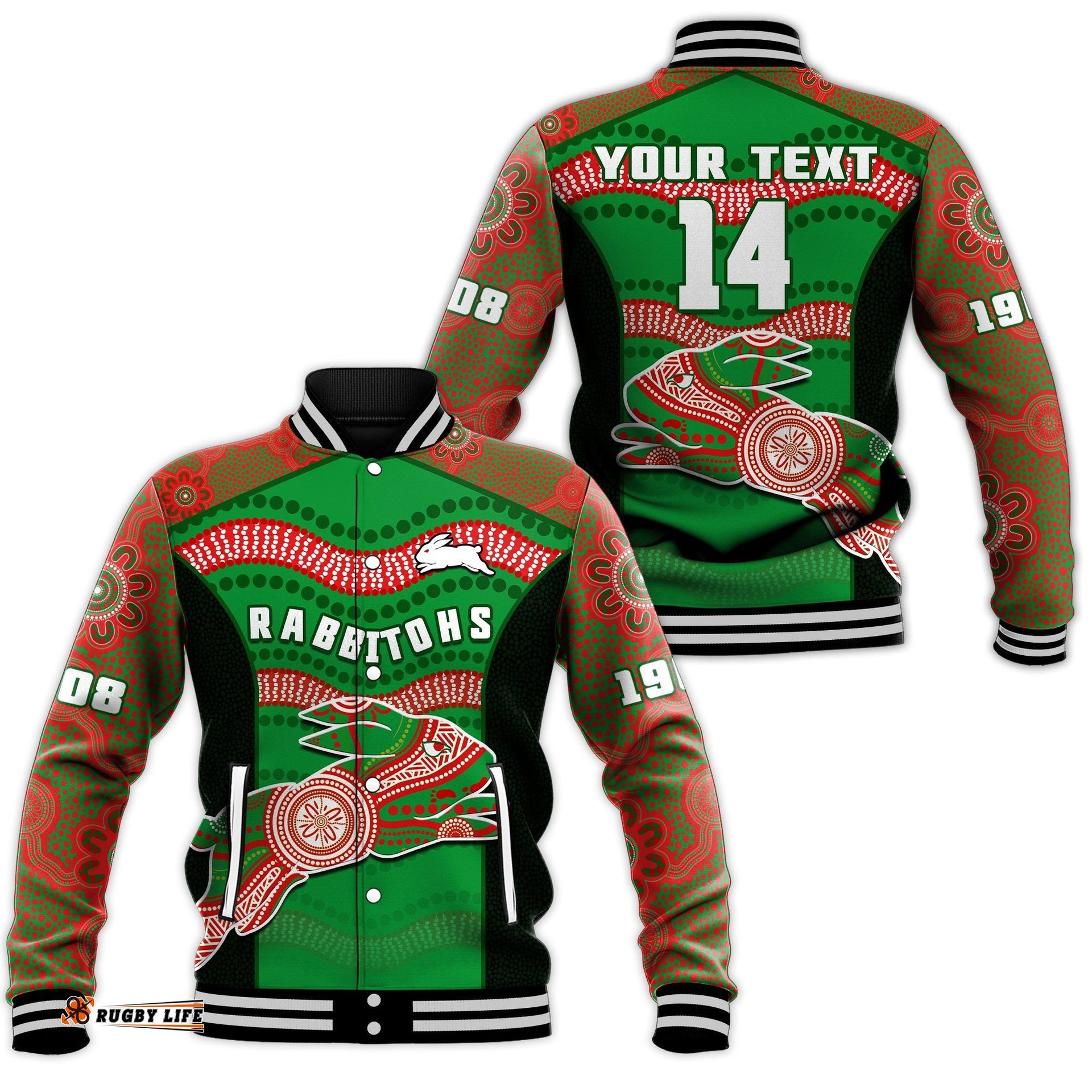 Custom Text And Number Rabbitohs Rugby Baseball Jacket Souths 1908 Aboriginal Dot Painting Go Bunnies