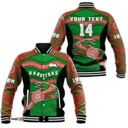 Custom Text And Number Rabbitohs Rugby Baseball Jacket Souths 1908 Aboriginal Dot Painting Go Bunnies
