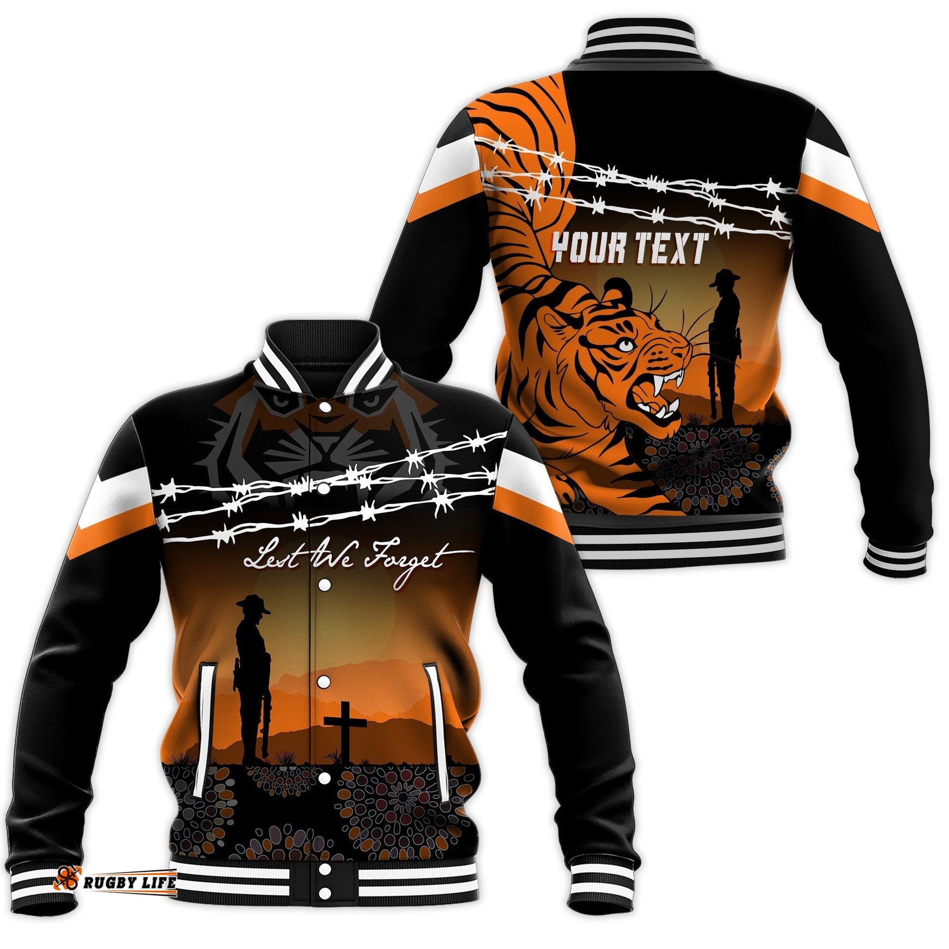The Tigers Rugby Personalised Baseball Jacket Anzac Day Lest We Forget