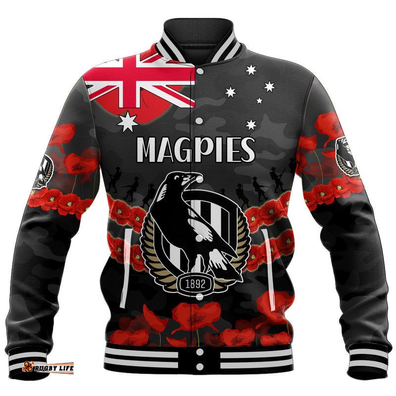 Custom Personalised Magpies Football ANZAC Baseball Jacket Lest We Forget