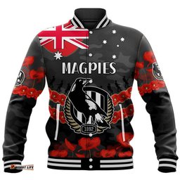 Custom Personalised Magpies Football ANZAC Baseball Jacket Lest We Forget