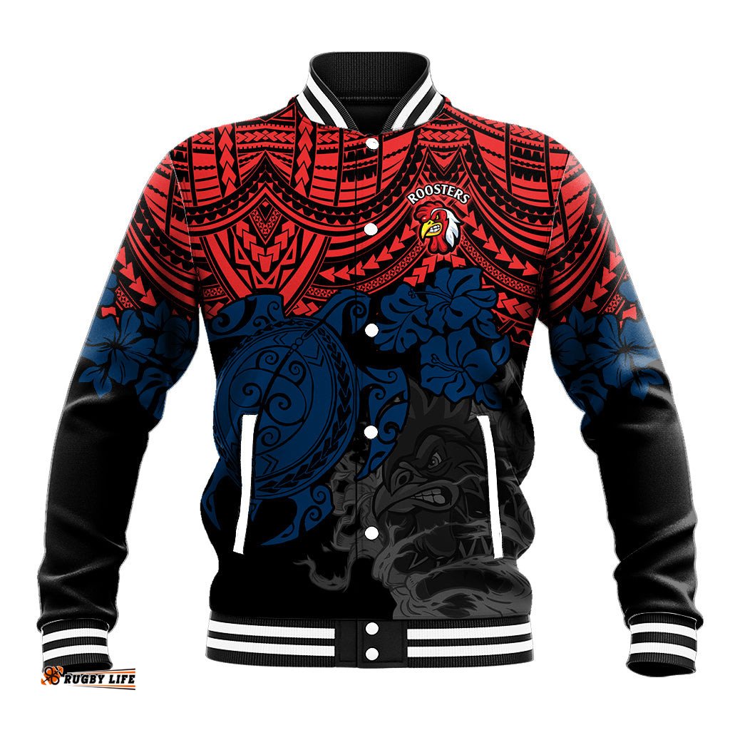 Custom Roosters Rugby Baseball Jacket Sydney Hibiscus and Turtle With Polynesian Pattern