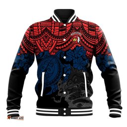 Custom Roosters Rugby Baseball Jacket Sydney Hibiscus and Turtle With Polynesian Pattern