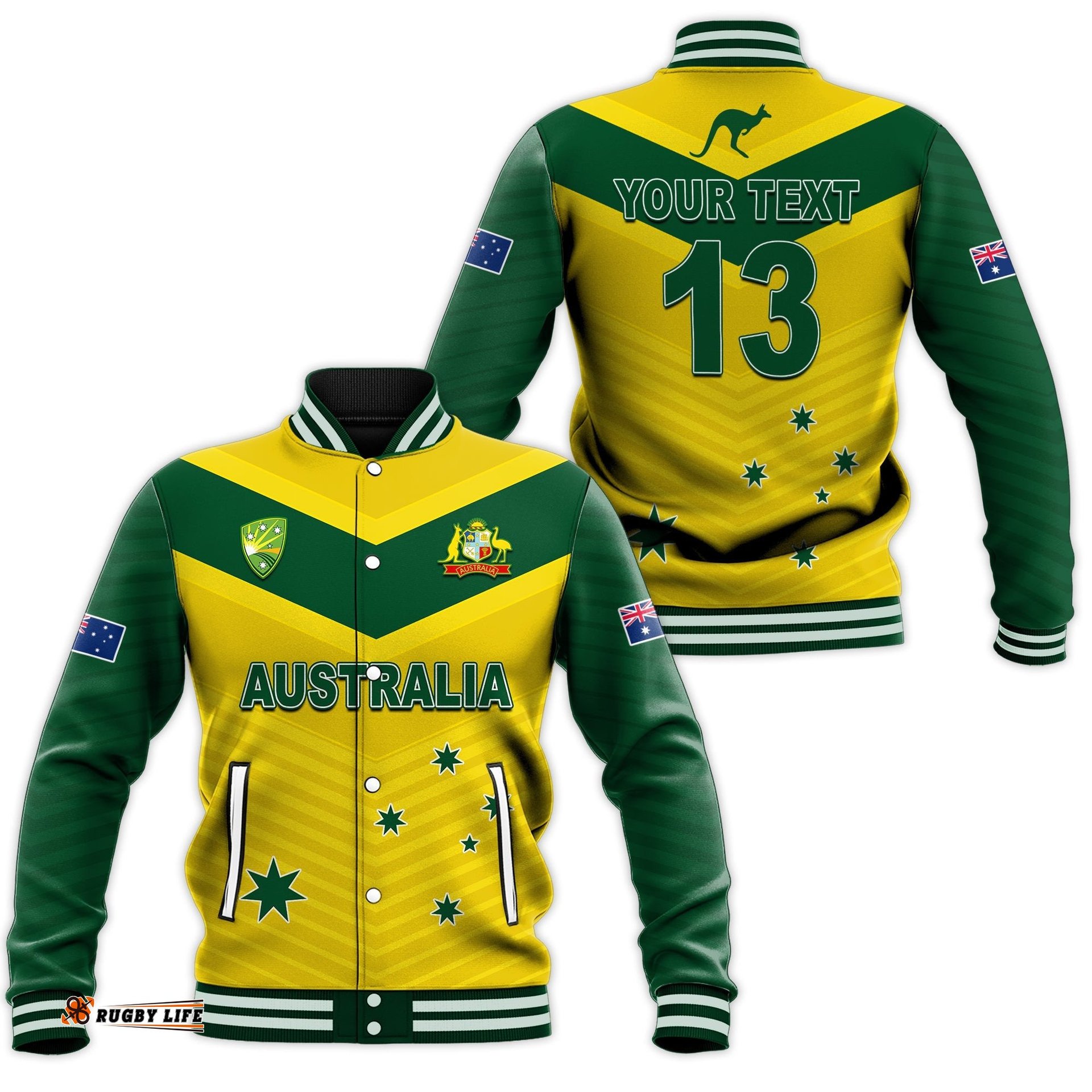 Custom Text and Number Australia Cricket Baseball Jacket Go Aussie Champions