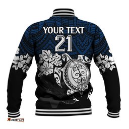 Custom Cowboys Rugby Baseball Jacket Hibiscus and Turtle With Polynesian Pattern