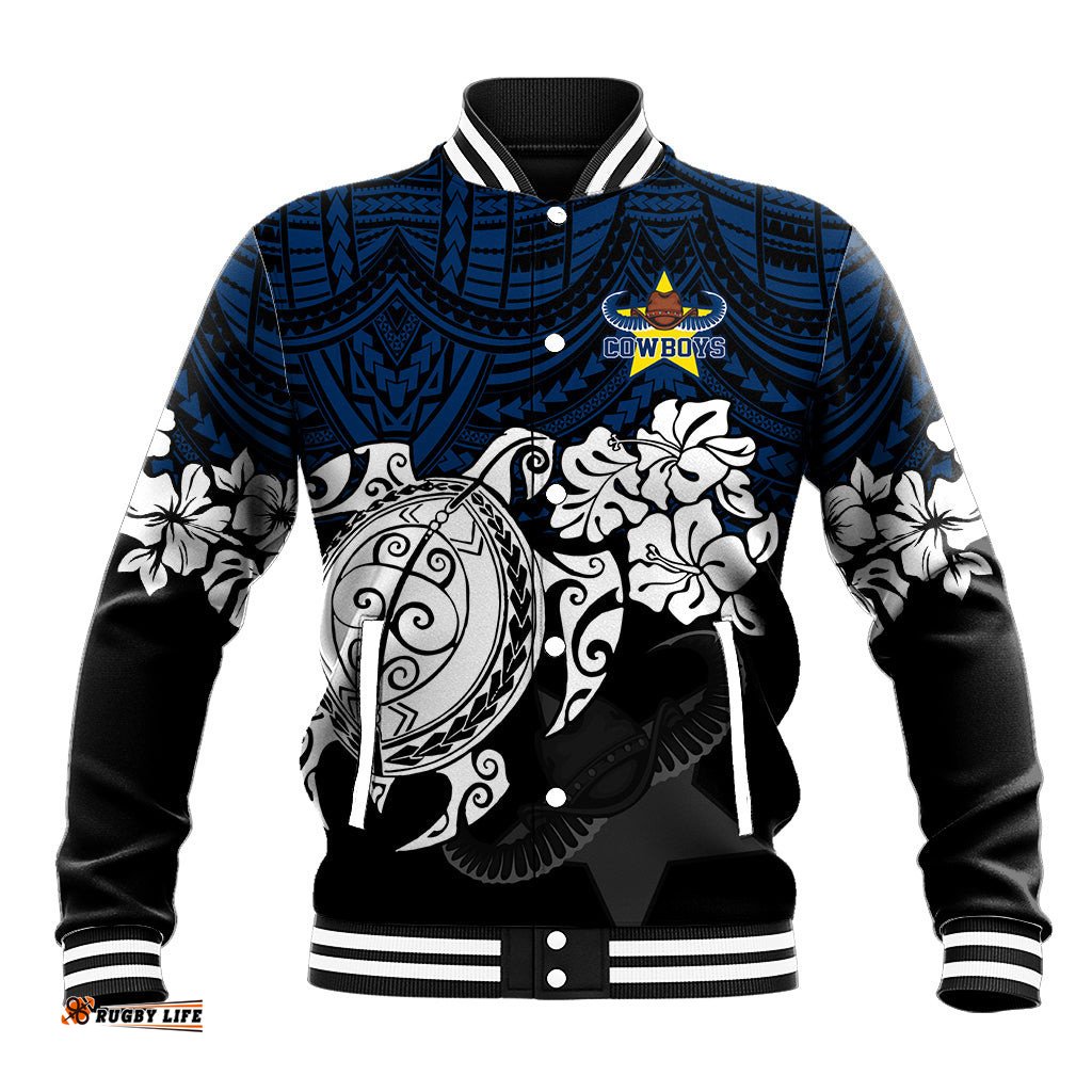Custom Cowboys Rugby Baseball Jacket Hibiscus and Turtle With Polynesian Pattern