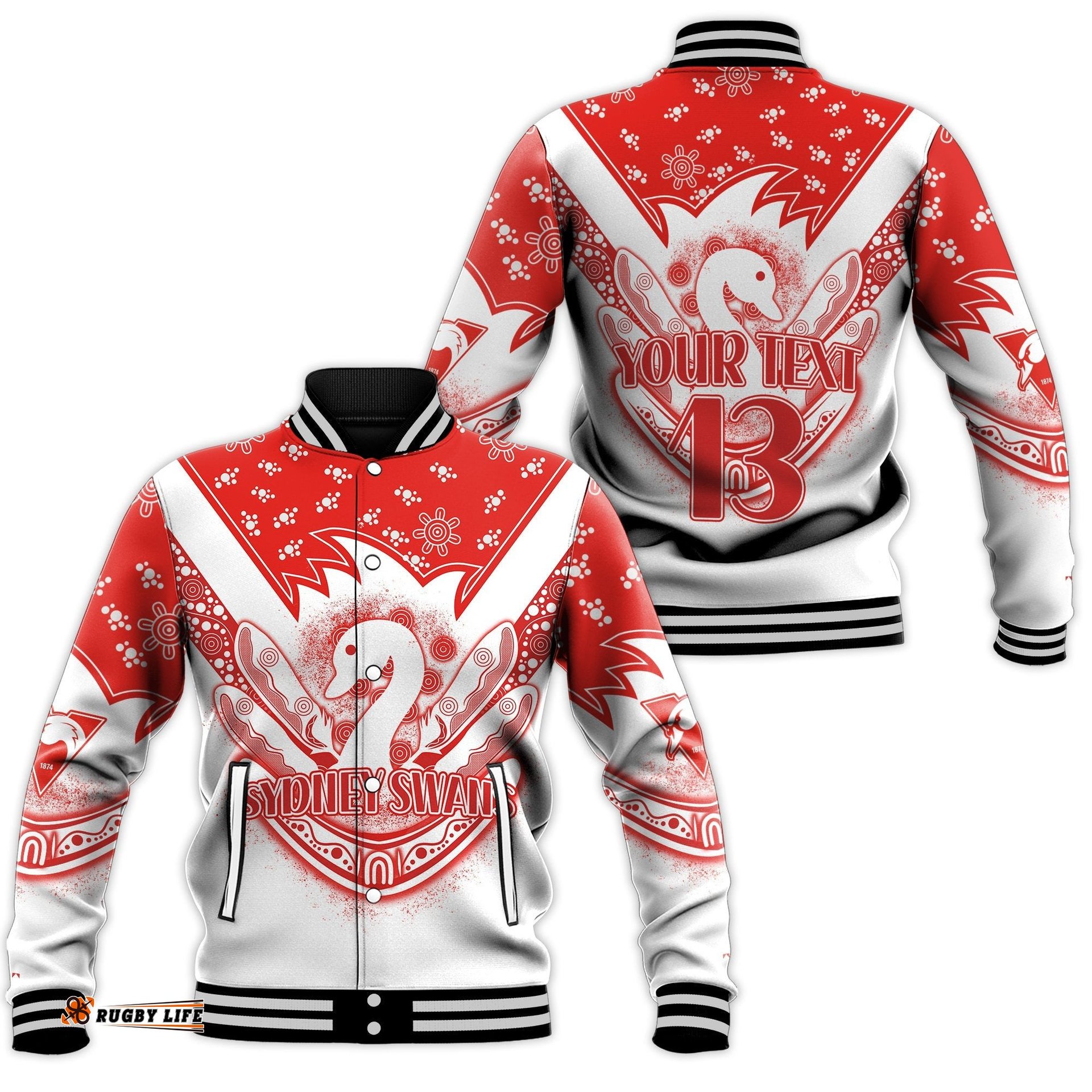 Custom Text and Number Swans Football Baseball Jacket Est 1874 Aboriginal Boomerang Sydney Bloods