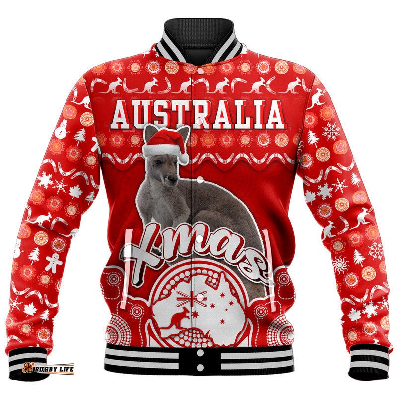 Custom Personalised Australian Kangaroo Christmas Vibe With Aboriginal Dot Painting Style Baseball Jacket