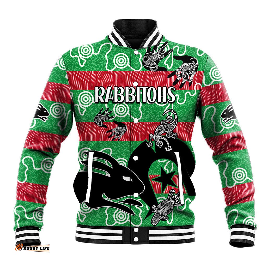 Custom Text And Number NAIDOC Rabbitohs Rugby Baseball Jacket Go The Bunnies Aboriginal Dots